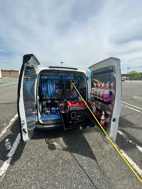 Inside the fully equipped 31 Auto Detailing van with generator, hose reel and pro-grade chemicals